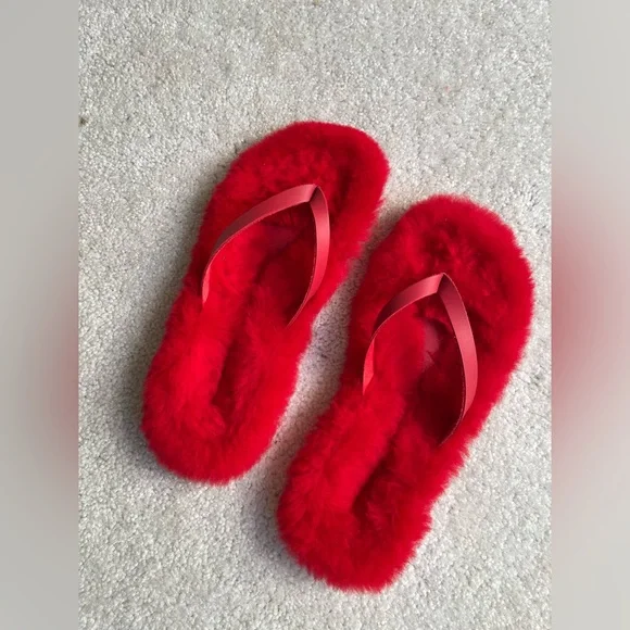 Tibi Bryan Shearling Flip Flop Red - Picture 2 of 5